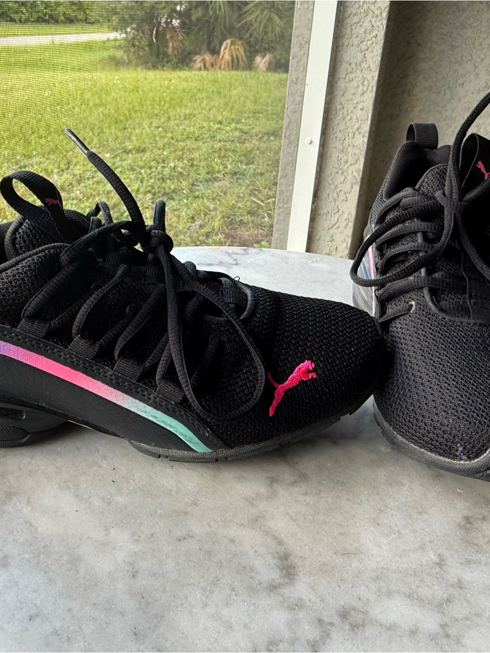 Puma Kids Black Sneakers with Pink and Teal Gradient Stripe
